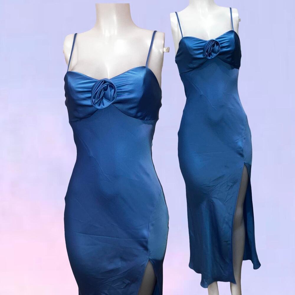 Blue satin maxi dress with 3D floral detail